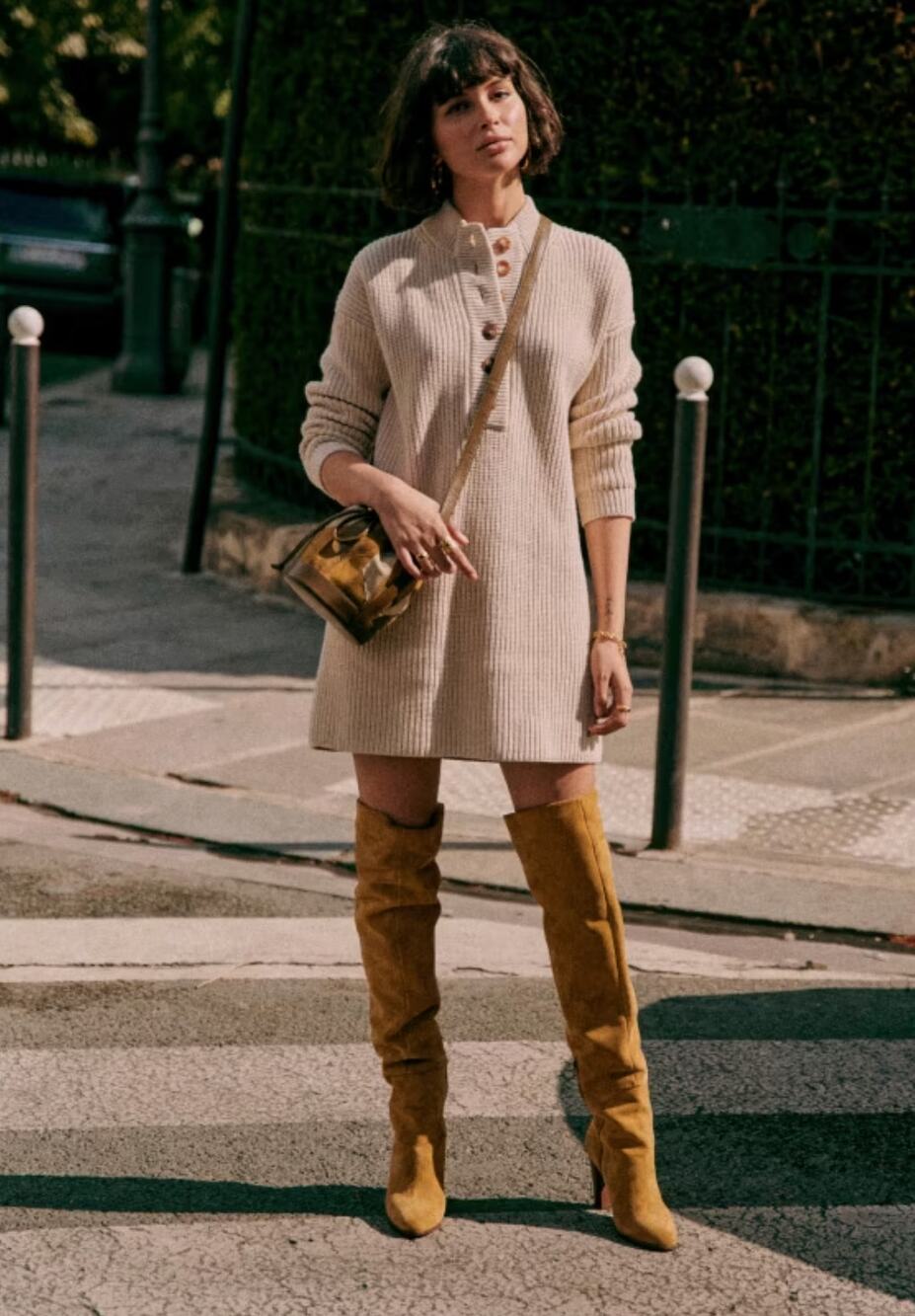 Sezane Luan Natural Beige Sweater Knit Button Dress Size Medium